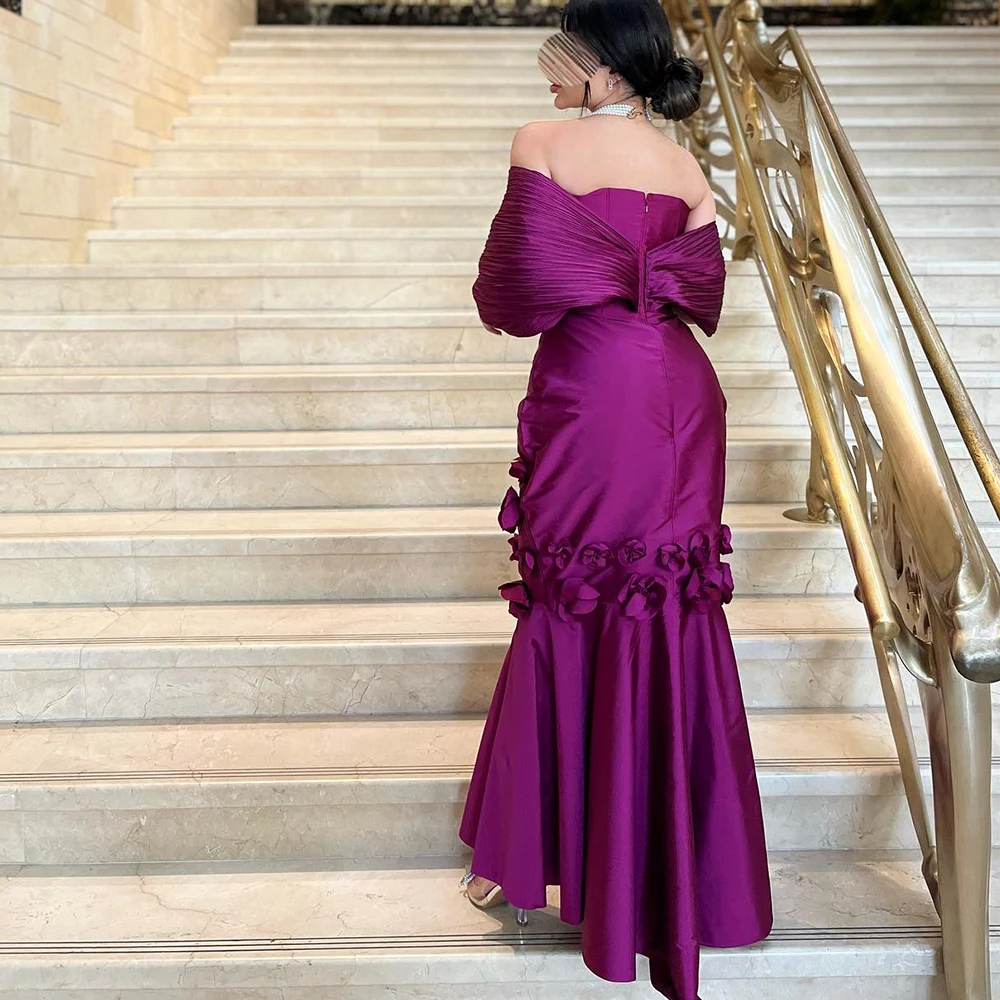 Elegant Pleats Flowers Off the Shoulder Half Sleeves Evening Dresses Classic Mermaid Zipper Back Purple Party Gowns فساتين سهرة