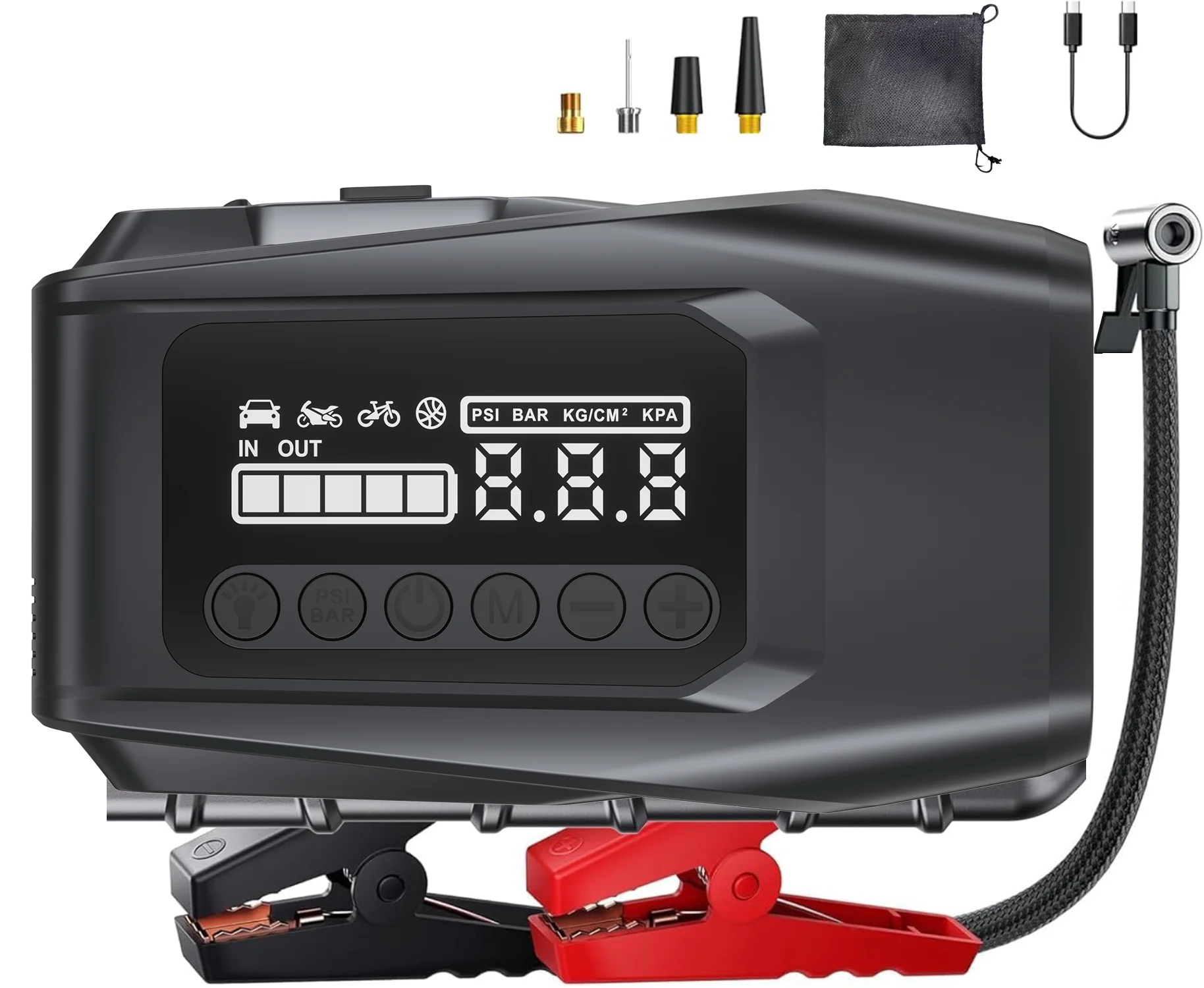 

4-IN-1 Car Jump Starter with Air Compressor Peak 1500A Auto Battery Booster 150PSI Air Pump Portable Power Bank Tire Inflator