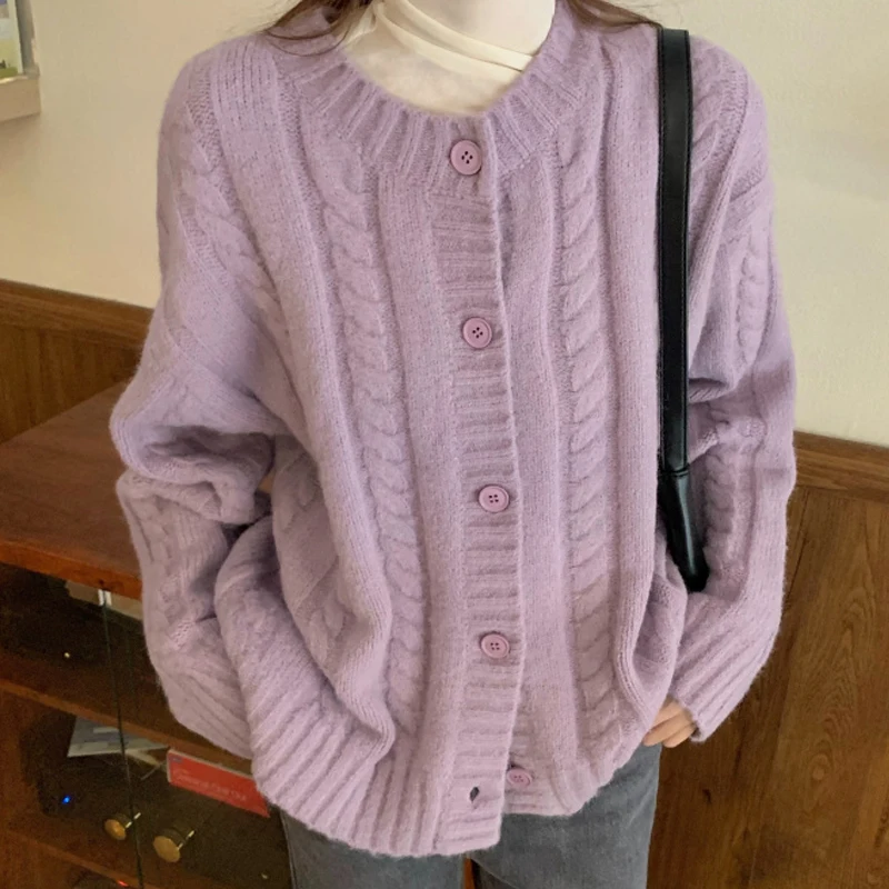2026 Strickjacke Frauen Damen Oansatz Lila Pullover Herbst Winter Vintage Gestrickte Tops Faul Stil Lose Lange Ärmel Mantel