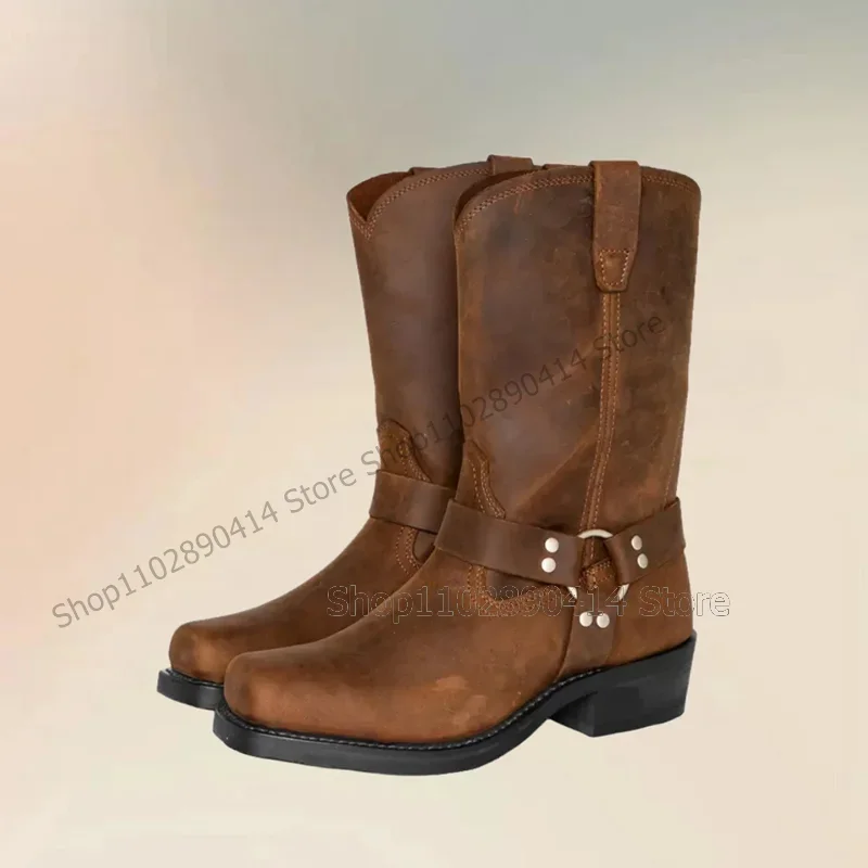 

Brown Sewing Design Belt Fastener Decor Boots Fashion Slip On Men Boots Luxurious Handmade Western Style Party Men Casual Shoes