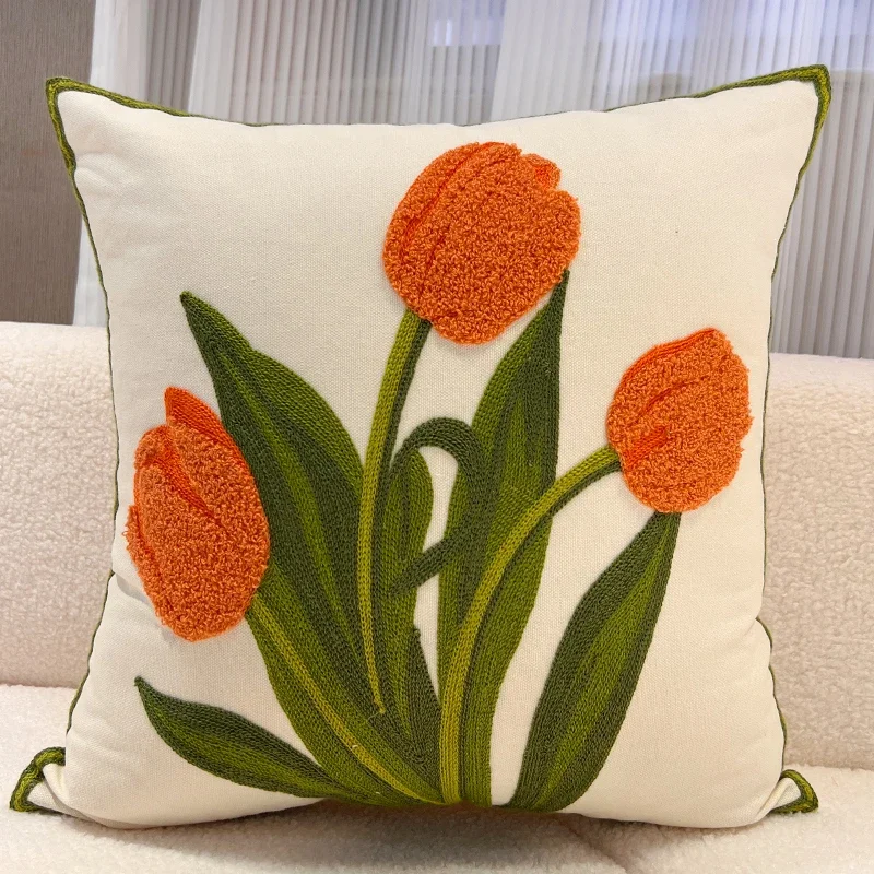 Retro Tulips Orchid flower Embroidered Pillowcase Cushion Cover Morden Casual Cotton Case Sofa Bedroom Decro 45x45cm