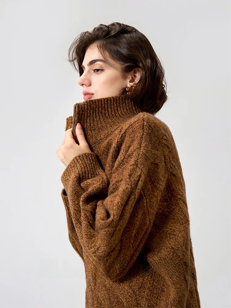 

Модный ретро-свитер из 100% шерсти с воротником на молнии, узором «косы» и цветочным дизайном, повседневная одежда для женщин, трикотаж с длинными рукавами