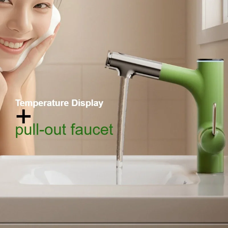 Light Luxury Cactus Shape LED Digital Display Pull-Out Function 360 Rotatable Basin Faucet Hot Cold Anti-Splash for Bathroom