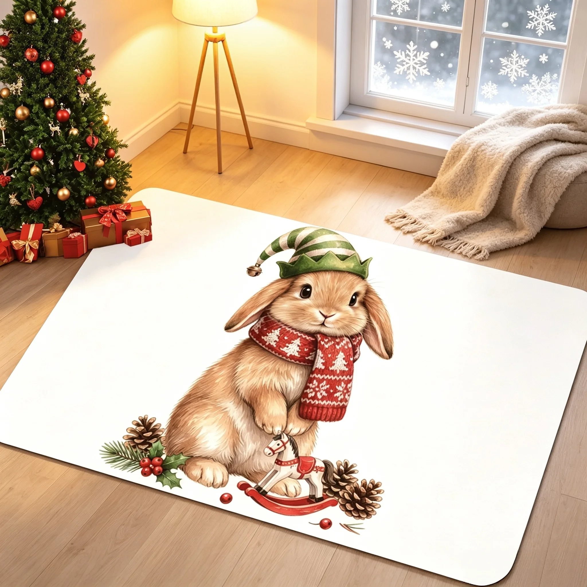 Xmas Christmas Bunny Area Rug Elf Hat Scarf Rocking Horse Print Floor Carpet For Indoor Entryway Christmas Ornament