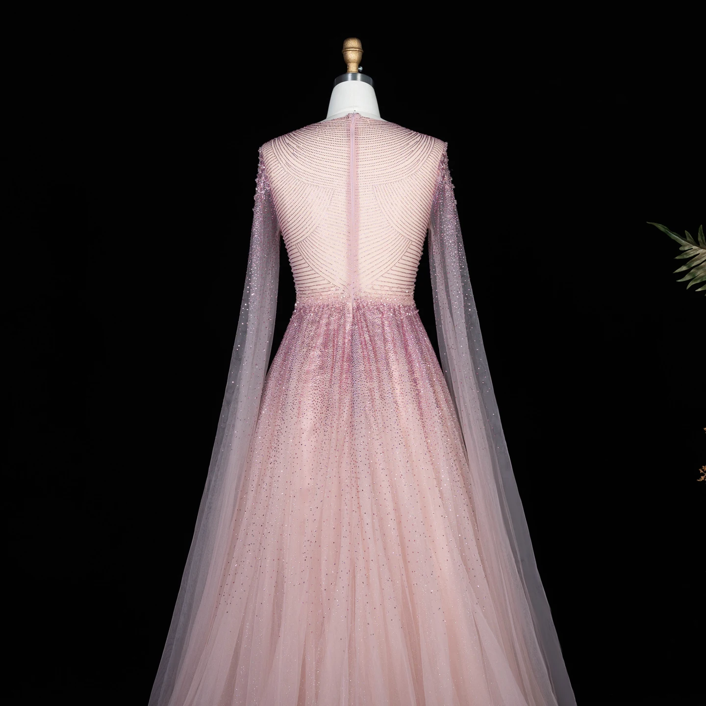 Sharon Said Luxuriöses Braunes Abendkleid mit Rundhalsausschnitt, Langen Transparenten Cape-Ärmeln und Schwer Perlenbesetztem Dubai-Formal-Partykleid SS059 Maßanfertigung – Detail 17