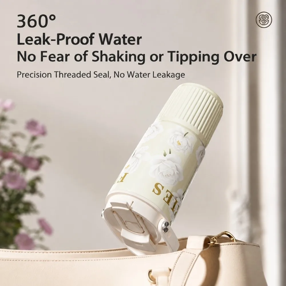 Stylish 750ML Water Bottles Leakproof Portable Stainless Steel Tumbler Floral Printing Vacuum Mug for Lady Girls