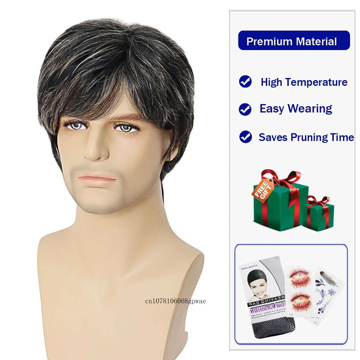 Synthetic Mens Short Wig with Bangs Black White Mixed Wig for Male Natural Haircut Father Grandpa Gift Daily Old Man Wig Cosplay