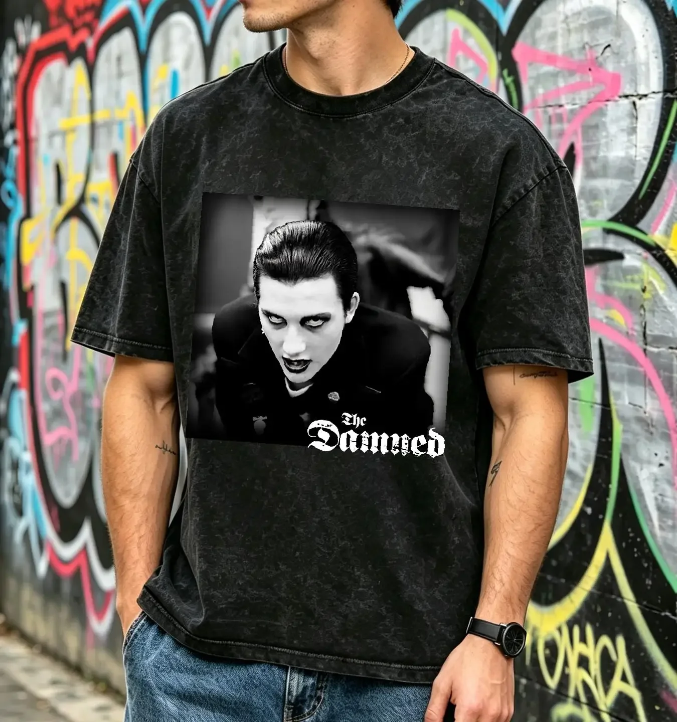 washed T Shirt Retro The Damned Black K57584 long or short sleeves vintage Washed Comfortable Breathable Stylish Versatile