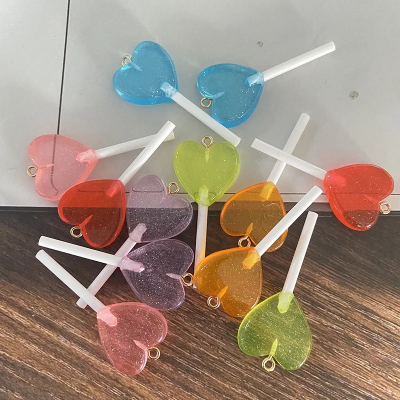 10pcs 3D Resin Lollipop Charms Shiny Heart Imitation Candy Pendant For Necklace Earrings Making Jewelry Accessories Wholesale