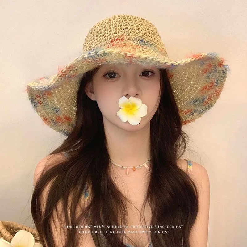 1pc Summer Foldable woven straw hats for Travel seaside vacation,breathable hollow out large brim,UV resistant sun hat for wear