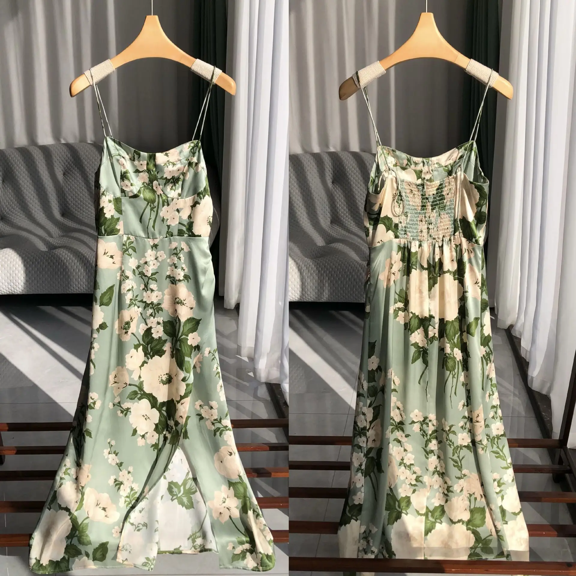 BirdTree, 19MM 100%Real Silk Party Dresses, Women Spaghetti Straps Print, Elegant Temperament Slim Dress, 2024 Summer D44927QC