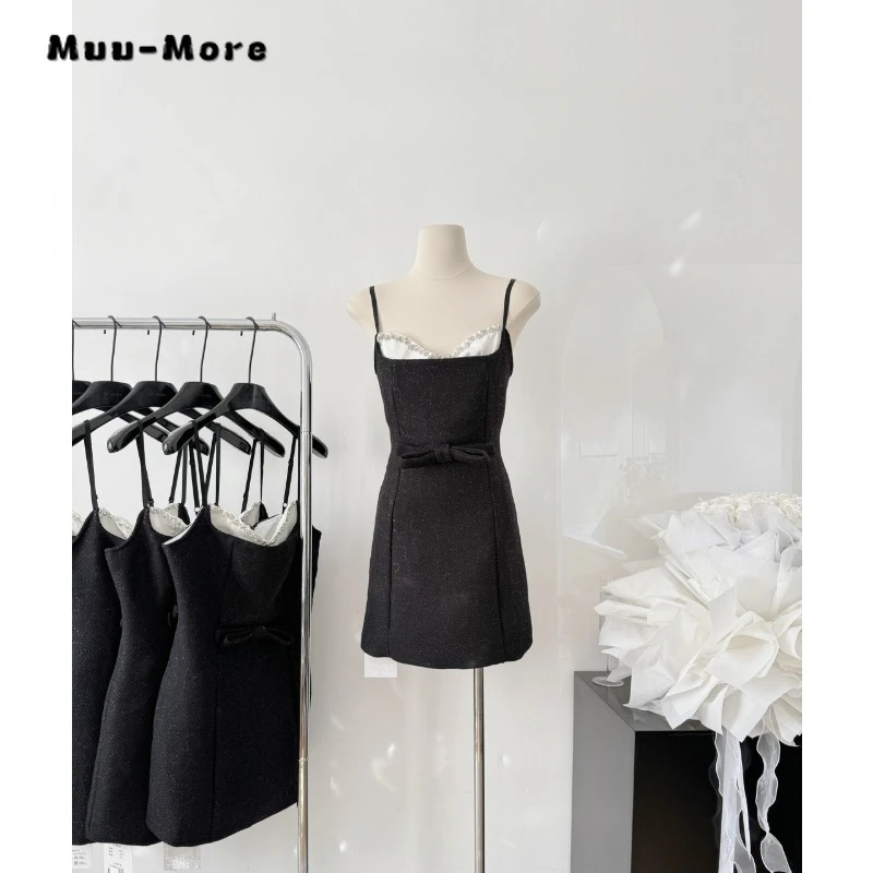 

Women Vintage Patchwork V-neck Backless Black Mid-Calf Dress 2024 Spring Elegant Sleeveless High Waist Camisole Suspender Dress