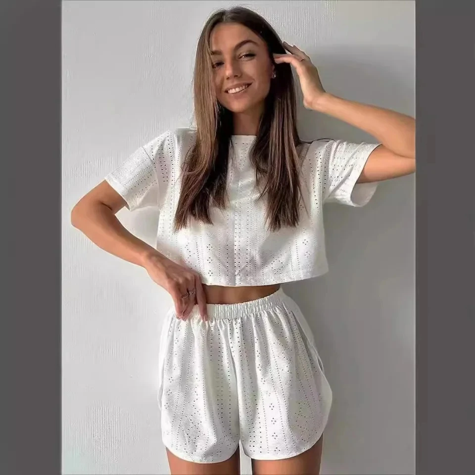 

Fashion Two-Piece Set For Women'S Suit Summer Suit Women'S 2025 Solid Color Hollow T-Shirt And Shorts Suit Casual Sports Suit