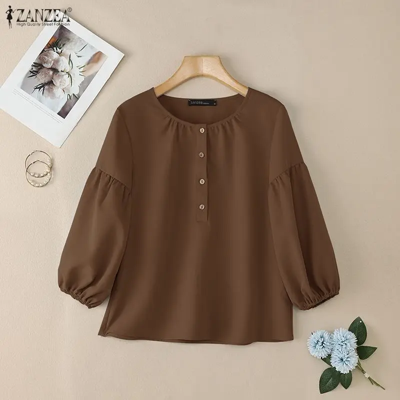 

ZANZEA 2026 Autumn Spring Women Tops Elegant 3/4 Lantern Sleeve Blouse Female O Neck Buttons Dwn Shirts Casual Solid Work Shirt