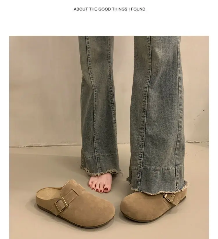 Damen-Wildleder-Pantoletten mit geschlossener Zehenpartie, verstellbare Schnalle, flache Clogs zum Überziehen, Retro-Freizeit-Outdoor-Schuhe ohne Rücken. – Detail 13