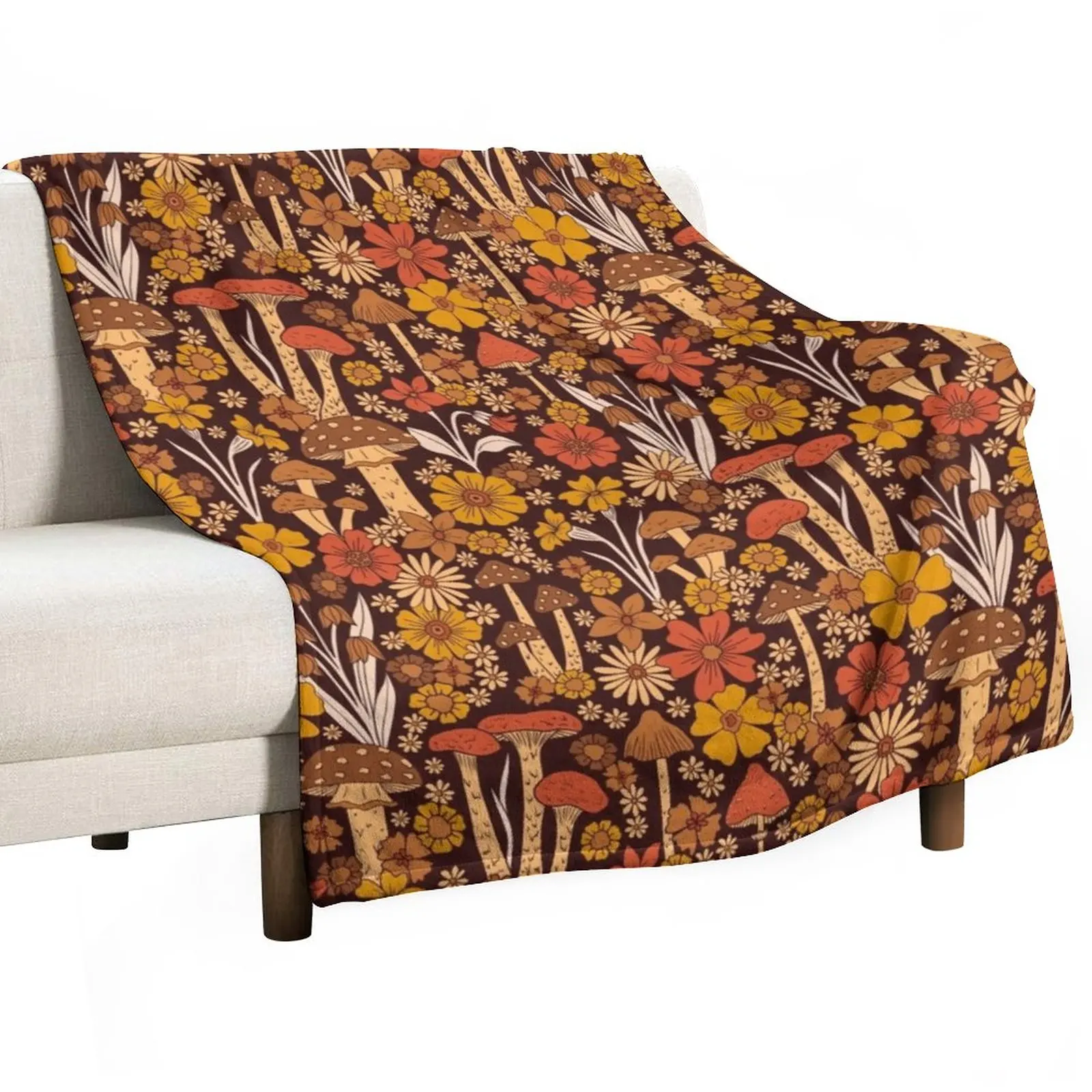 

Retro 1970s Brown & Orange Mushrooms & Flowers Throw Blanket Thin Blanket blankets and blankets