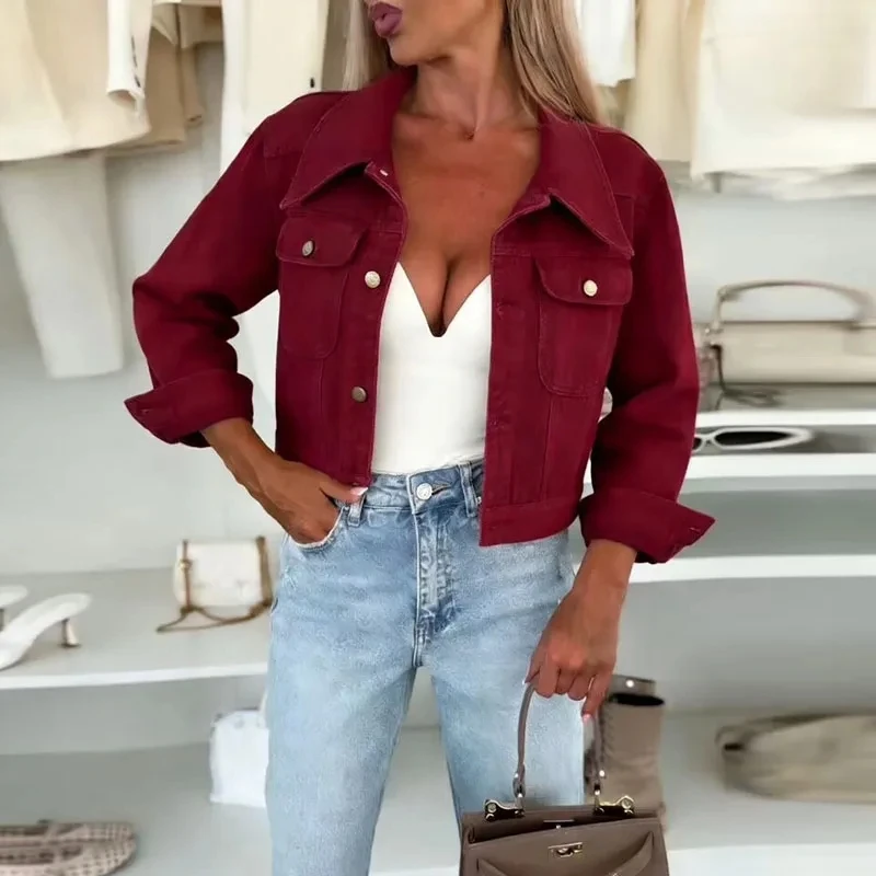 

Spring New Long Sleeve Women's Commute Leisure Loose Pocket Button Ladies Outerwear High Street Fashion Lapel Denim Coat