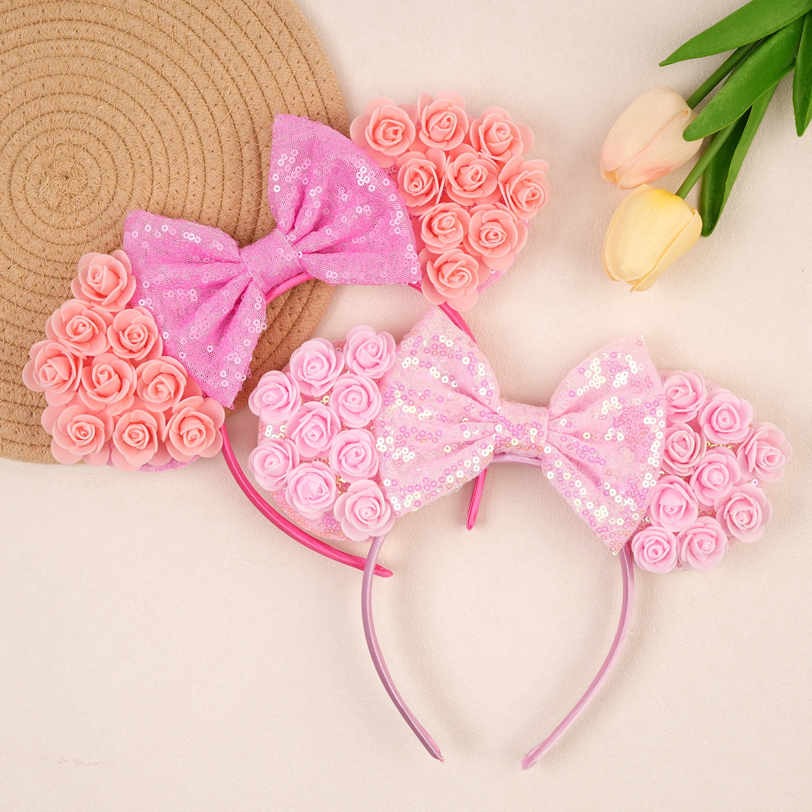 Rosa Rosen-Blumen-Mäuseohren-Stirnband mit Pailletten und großer Schleife, Haarband für Frauen und Mädchen, Festival-Party-Kostüm, Blumen-Haaraccessoires, Foto-Requisite