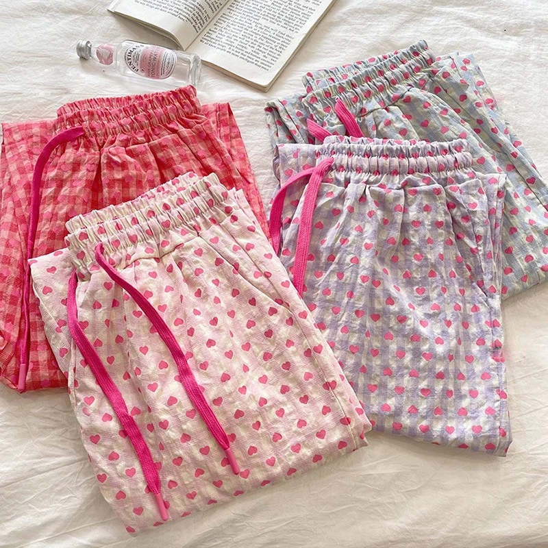 

Heart Printed Pants SleepwearFemale Loose Casual Pants drawstring Elastic Nightwear Home Women Loungewear Pant Femme Pajamas