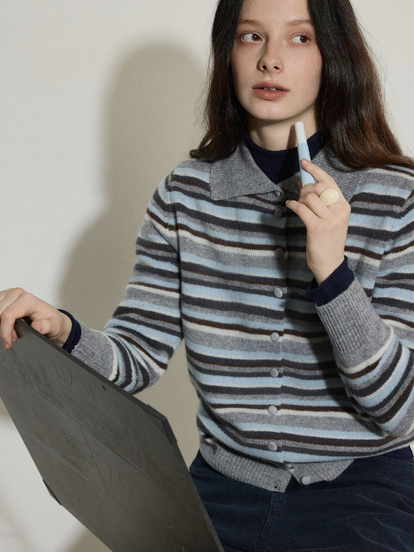 

Женский вязаный кардиган свободного кроя с отложным воротником на одной пуговице, в полоску, с цветовыми блоками, весенняя новинка, Lofi Choose