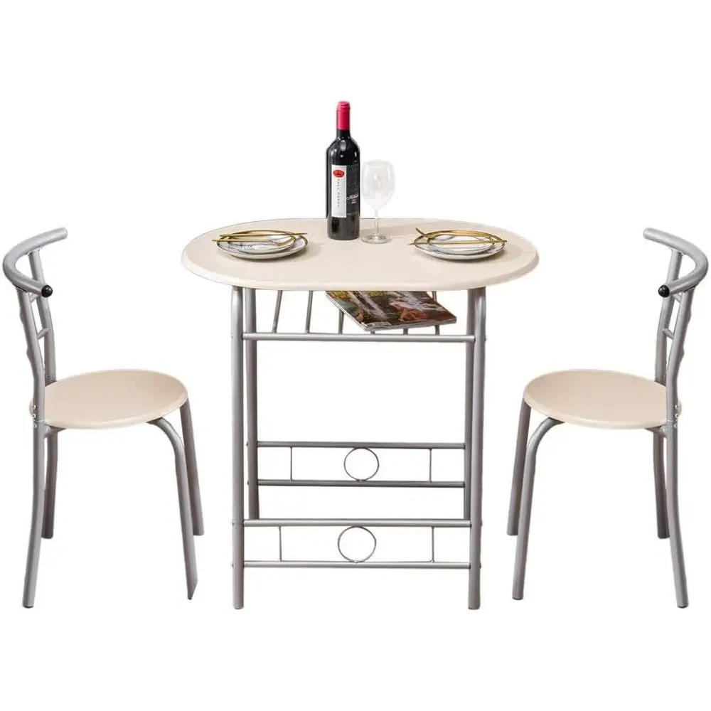 

Compact Wooden 3-Piece Dining Set with 2 Chairs, Metal Frame, and Wine Rack for Space-Saving Breakfast or Kitchen Area (Natural