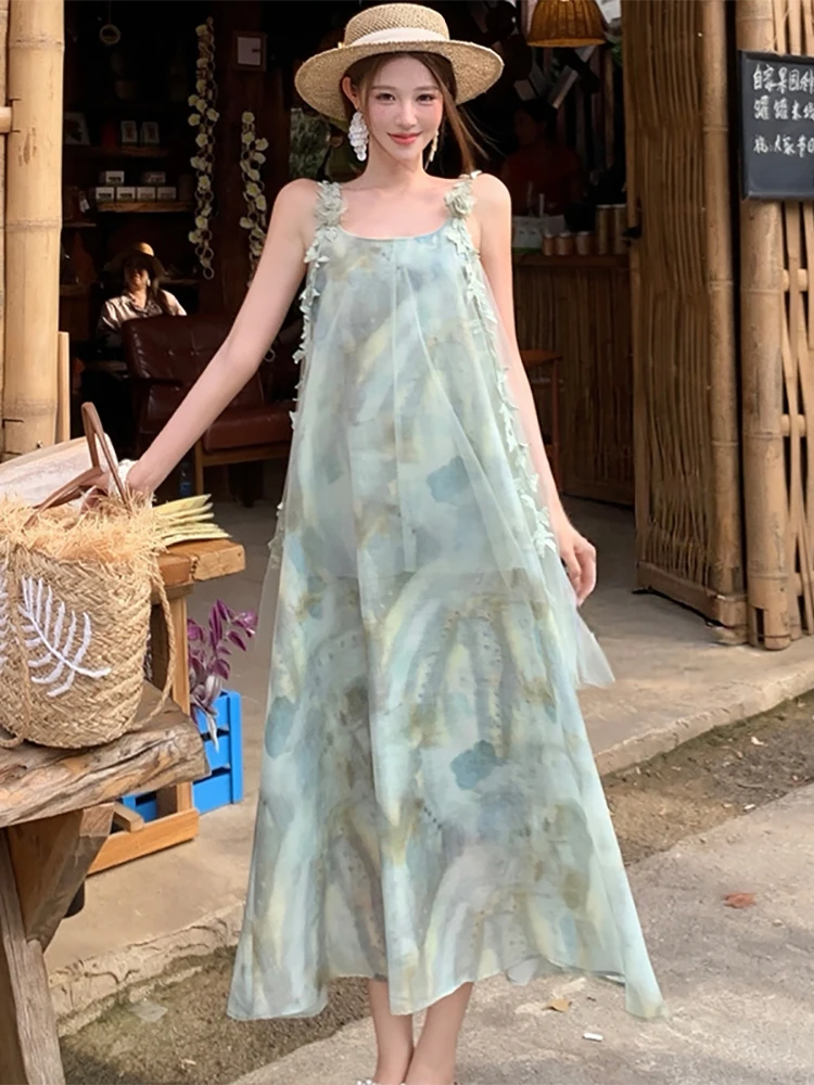 Summer Print Mesh Lace Sling Long Dress Women Korean Elegant Casaul Loose Waist Dress 2026 New Fashion Chic Festival Party Dress
