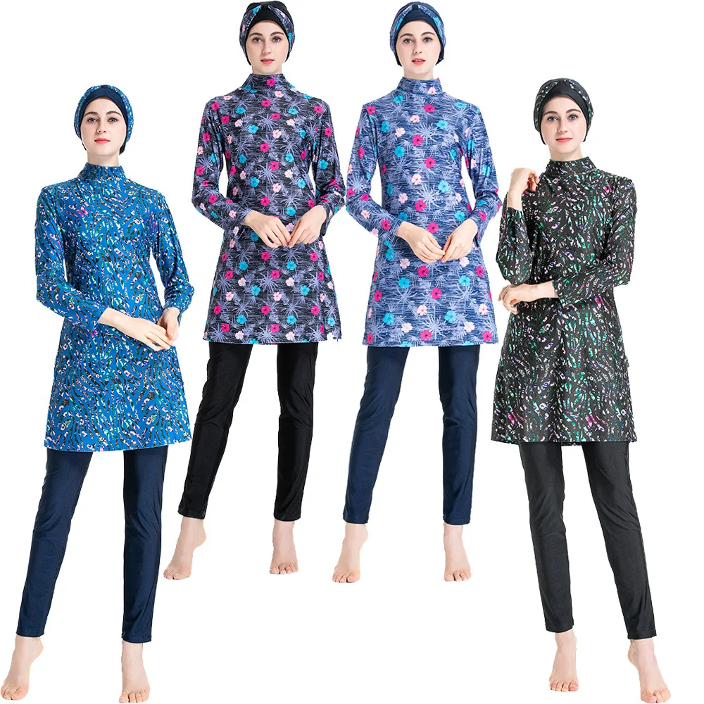 Women Muslim Burkini Swimsuit Modest Swimwear Islamic Long Sleeve Full Cover Hijab Flower Dress Top Cap Swim Pants ​Bathing Suit