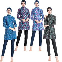 Women Muslim Burkini Swimsuit Modest Swimwear Islamic Long Sleeve Full Cover Hijab Flower Dress Top Cap Swim Pants ​Bathing Suit