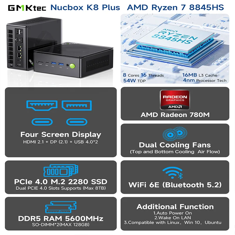 GMKtec NucBox K8Plus 미니 PC AMD Ryzen 7 8845S 5.1GHz 최대 속도 Windows 11Pro 듀얼 2.5G LAN WiFi 6E BT5.2 데스크탑 컴퓨터 USB 4.0