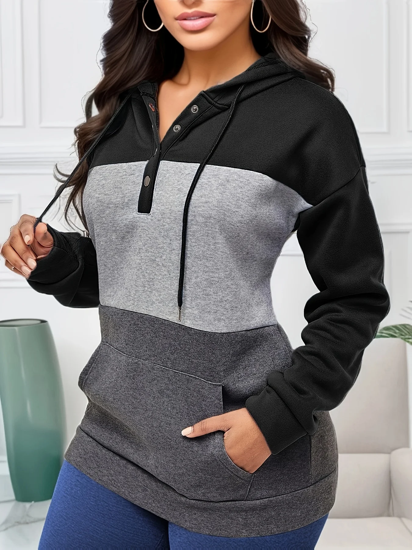 Hoodies For Women with Designs Patchwork Buttons Long Sleeve Thick Drawstring Graphic Cute Sweatshirt Black