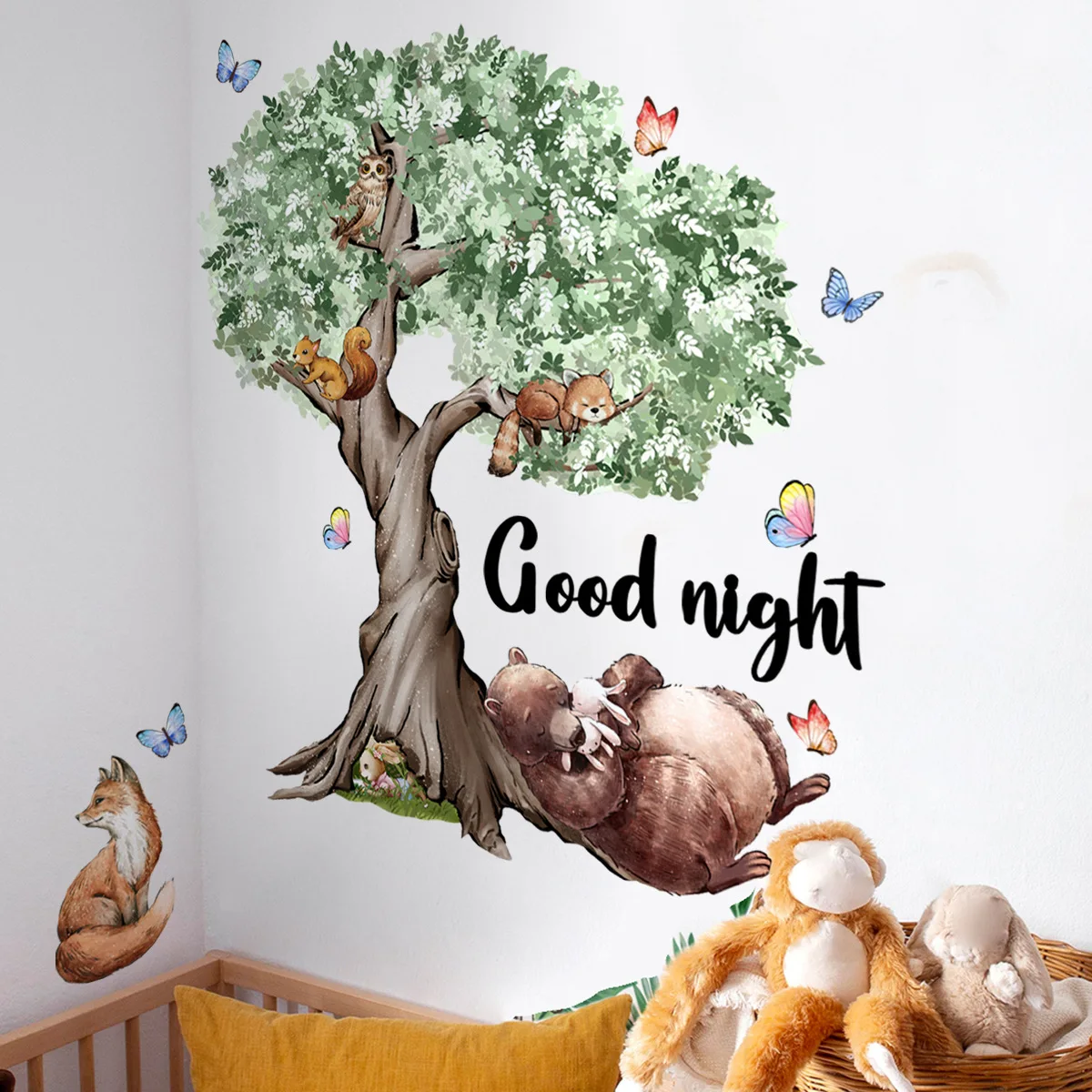 GOOD NIGHT Fox  Bear Tree Wall Decal Sticker Bedroom Tree of Life Roots butterfly Flying Away Home Decor Animal  Wall Sticker