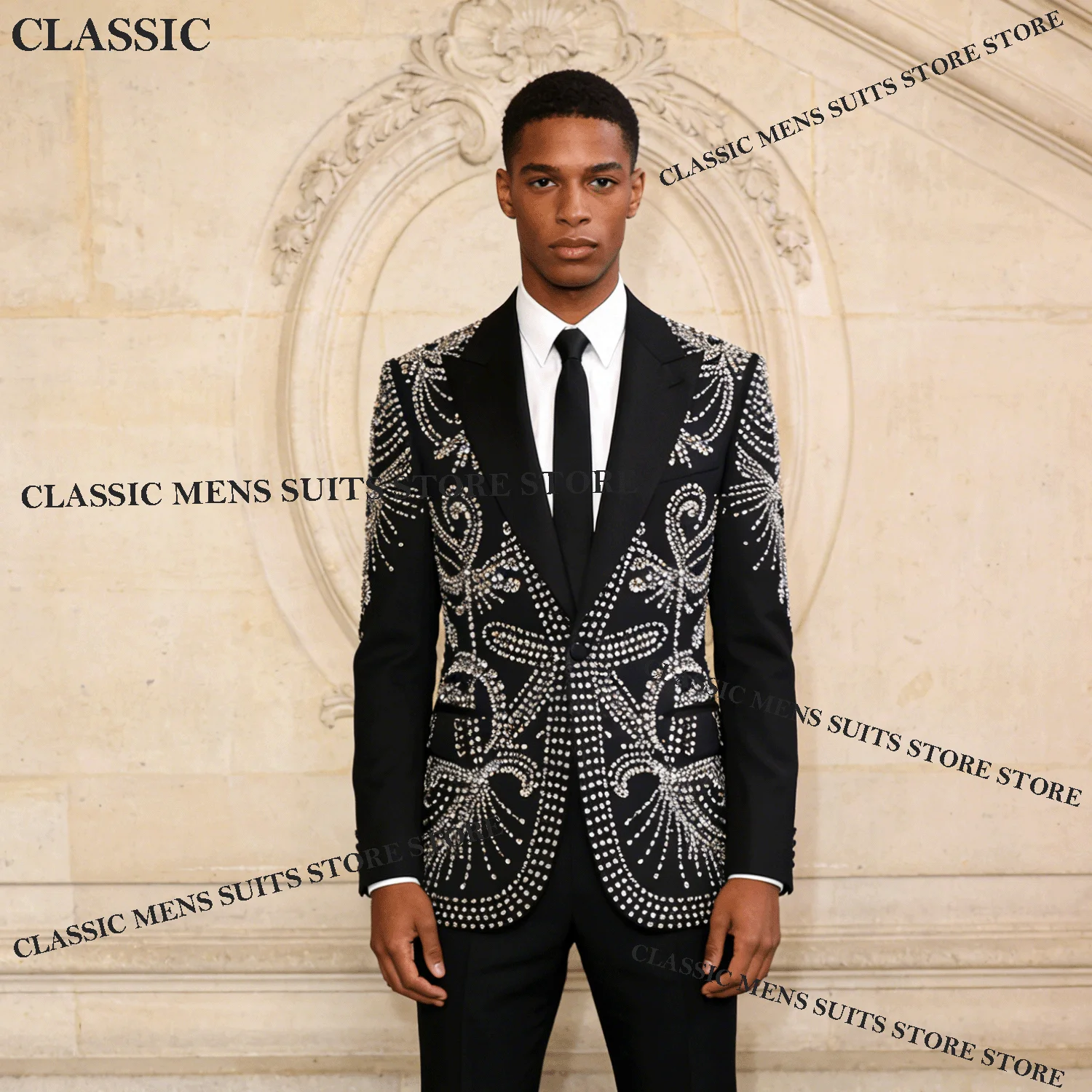 

Customized Handsome Tuxedos Men Suits Diamond Decoration Sparkly Peaked Lapel Groom 2 Pieces Set Wedding Male Prom Blazers suit