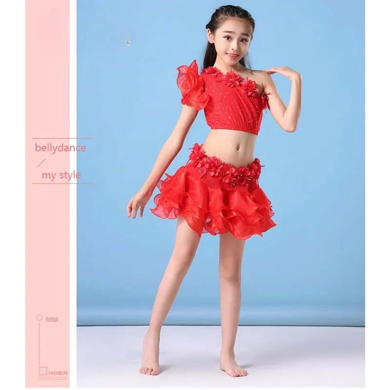 Trajes de dança do ventre personalizados, vestido de performance infantil, saia bufante sem ombros, vestido de prática, conjunto de dança do ventre para meninas