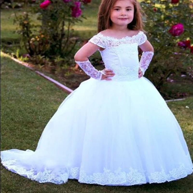 

Formal White Flower Girl Dresses For Wedding Princess Gown Custom Made Fluffy Lace for Girls Birthday Communion Dresses