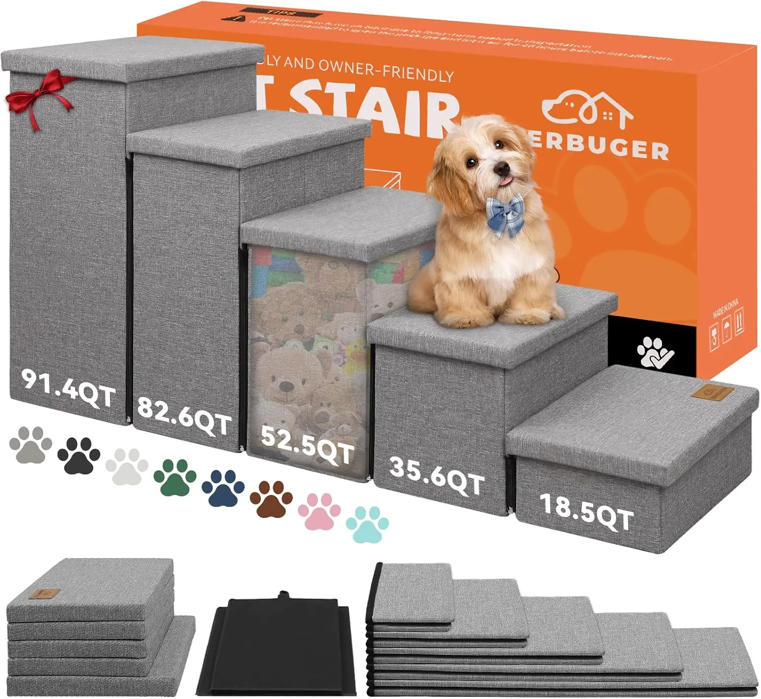 Dog Stairs with Storage, Grey 5 Steps Dog Ramp no Condo for Bed | 26
