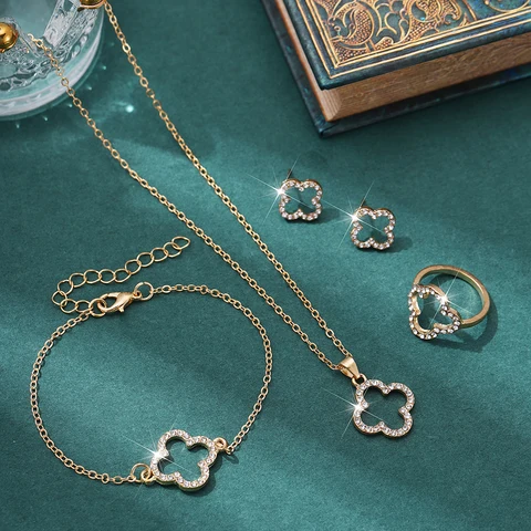 Комплект из 5 модных украшений: ожерелье, серьги и браслет со стразами в форме клевера топ 6 колье в стиле Van Cleef and Arpels - №3