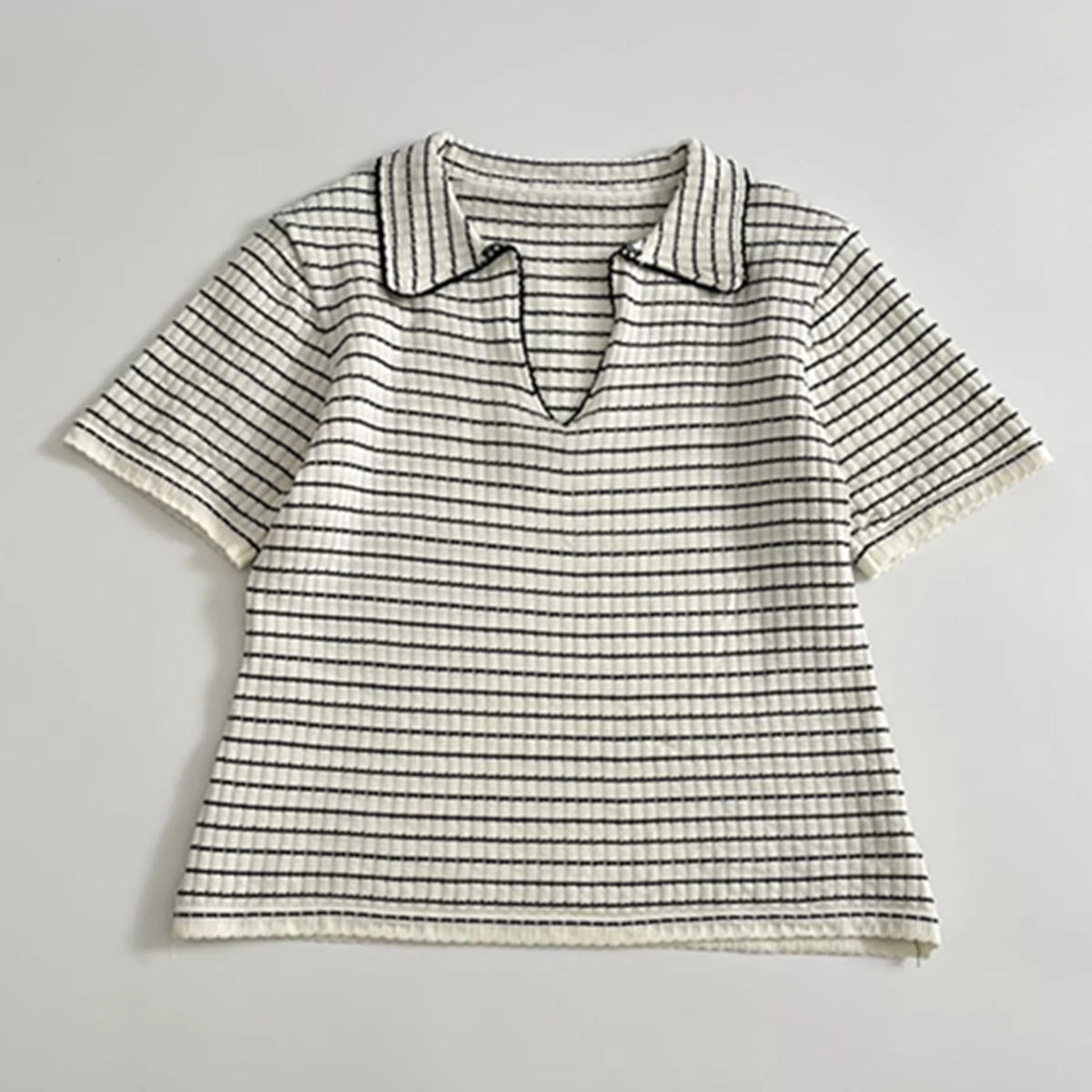 Dave&Di Nordic Minimalist Striped Jacquard Texture Cotton T-shirt Summer Short Sleeved Polo T-Shirt For Women Pullover Top