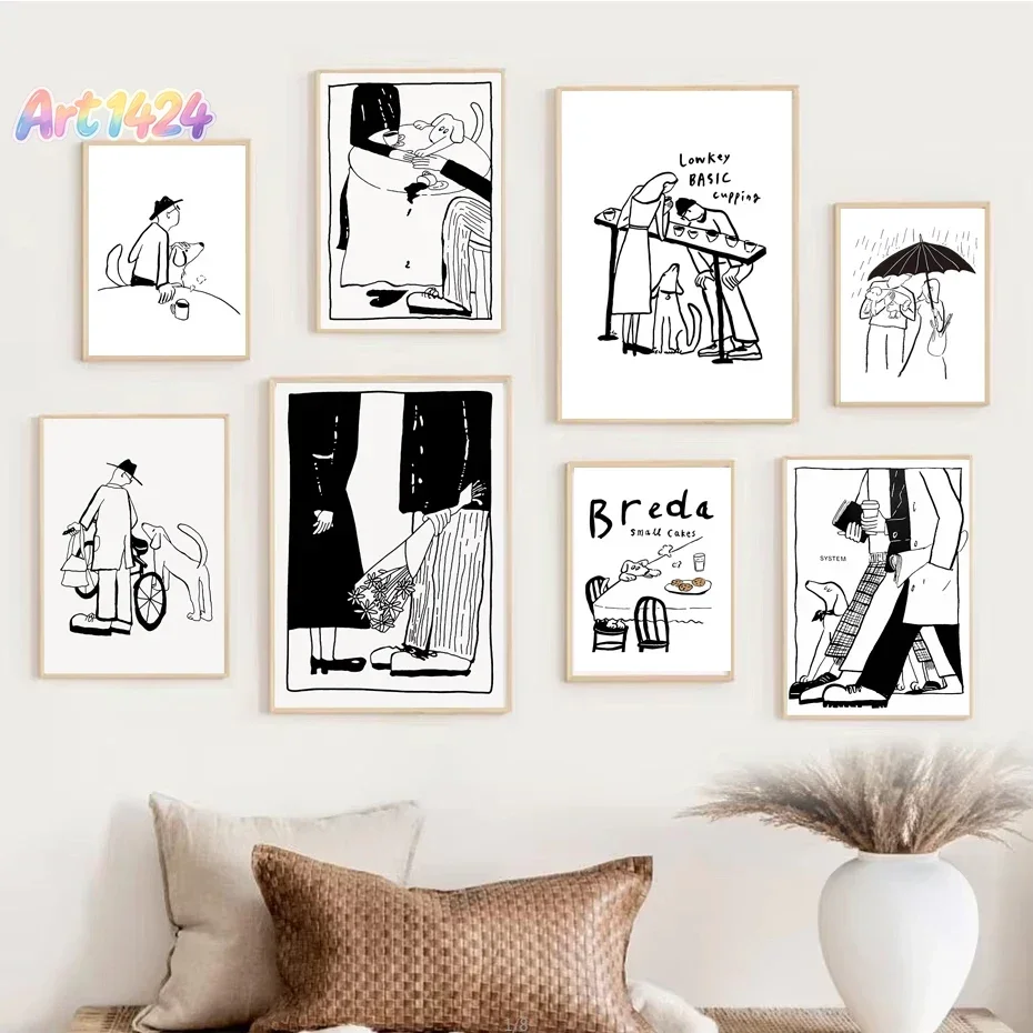 1pc Scandinavian Minimalist Art Poster Modern Korean Black and White Anime Style Puppy and Couple Illustration Home Office De