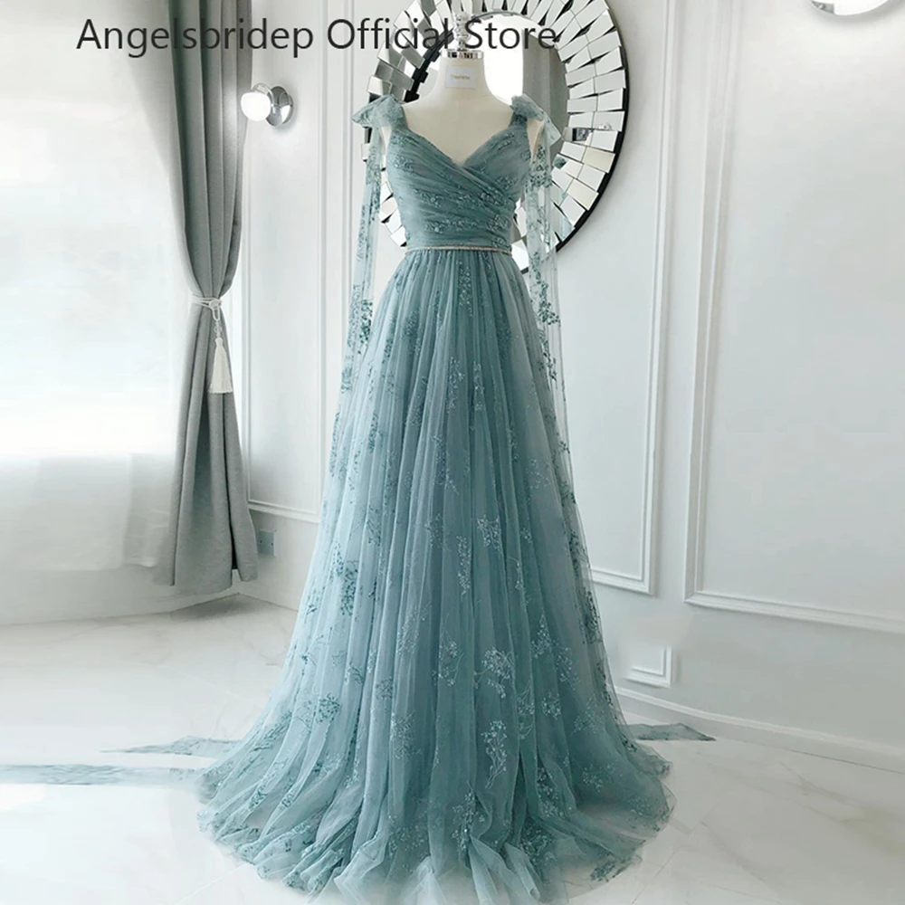 

Angelsbridep Straps Prom Dresses Tulle A-Line Pleats Vestido De Festas Longo Casamento Charming Lace Appliques Party Dresses