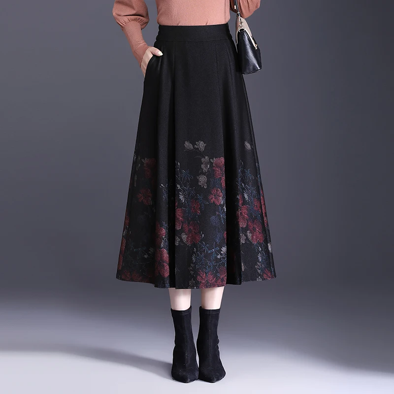 

Womens Autumn/Winter Red Flower/Blue Flower Pleated Skirt Fashion High Waist Ladies S M L XL XXL 3XL Size Mid-Calf Skirt