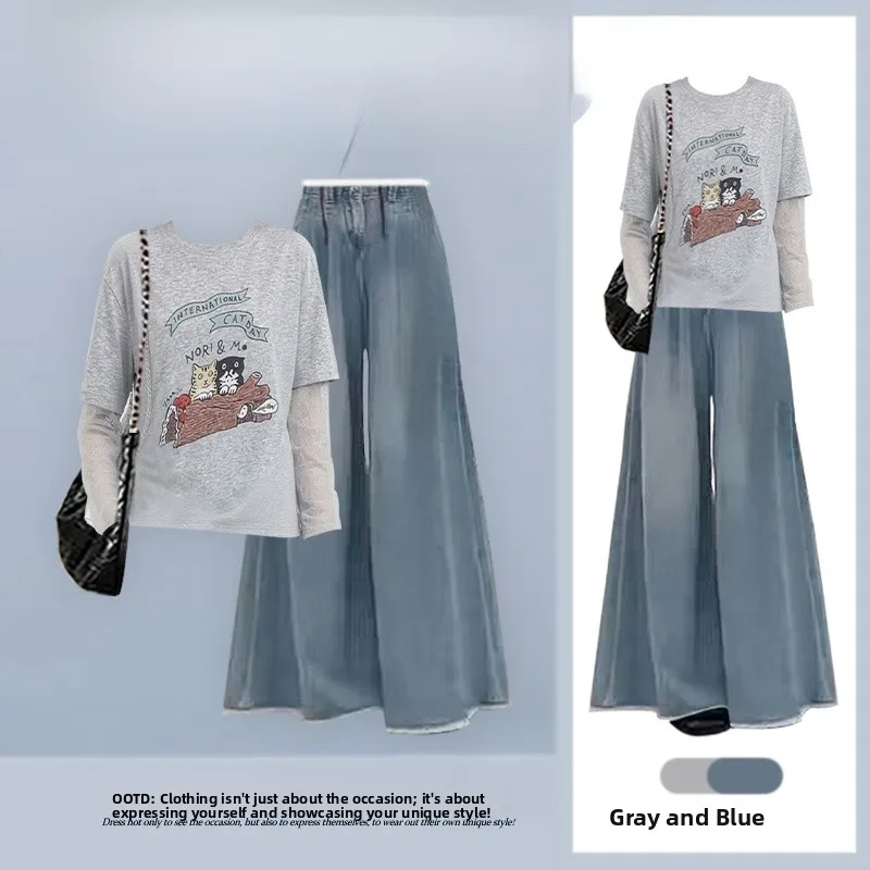 

Slimming Fashionable Summer 2026 Cartoon Print Top And Straight Leg Jeans Two Piece Set Women's Clothing Elegant Ageless