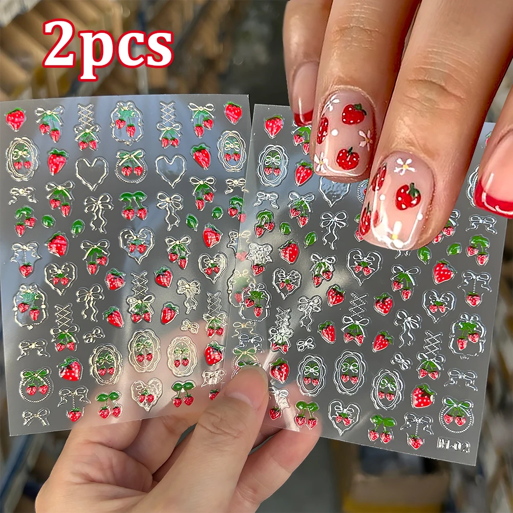 2pcs Sweet Strawberry Nail Art Stickers Gilded Bow Strawberry Spring Nail Art Decals Embossed Resh Fruits Jelly Adhesive Sliders