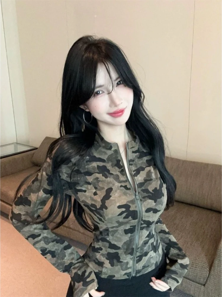 Autumn American Vintage Camouflage T-shirts Sexy Slim Fit Back Lace Up Tee Shirt Y2k Casual Gothic Top For Women