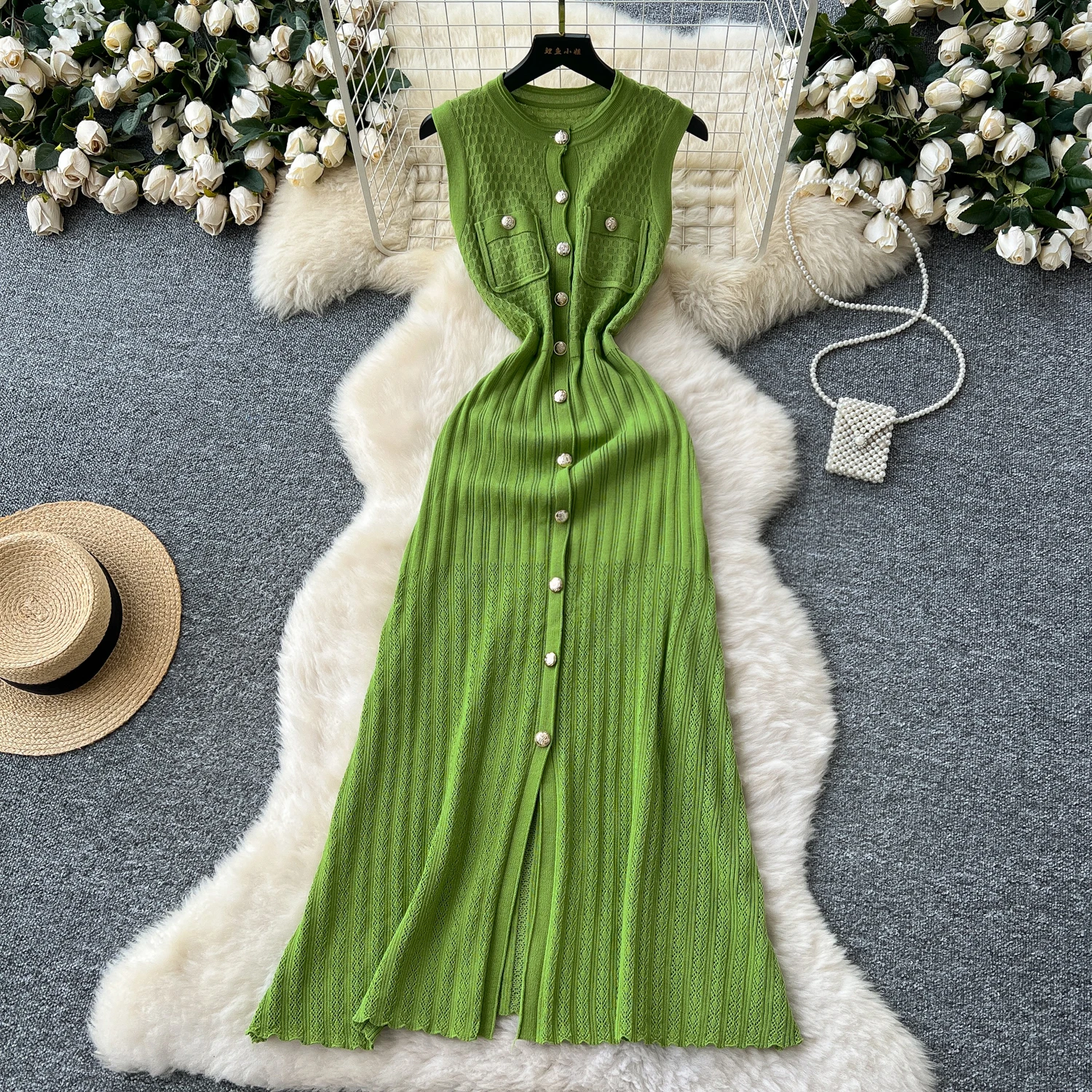 

Chic Elastic Knit sweet Ruched hollow out Single Breasted O Neck office lady Elegant Korean Fashion Summer Slim A-line