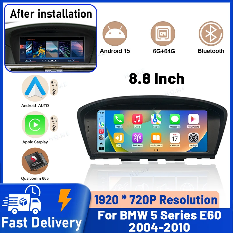 Système de navigation GPS, écran tactile de 8,8 pouces, CarPlay sans fil, Android 15, lecteur multimédia DVD pour voiture, autoradio pour BMW Série 5 E60 E62 E63 2004-2010, systèmes intelligents, 4G, DSP.
