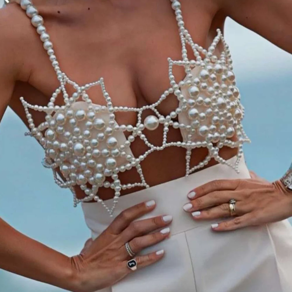 Vedawas Exaggerated Retro Elegant Pearl Body Chain,Sexy Hollow Out Flower Bikini Beach Party Holiday Women Accessories