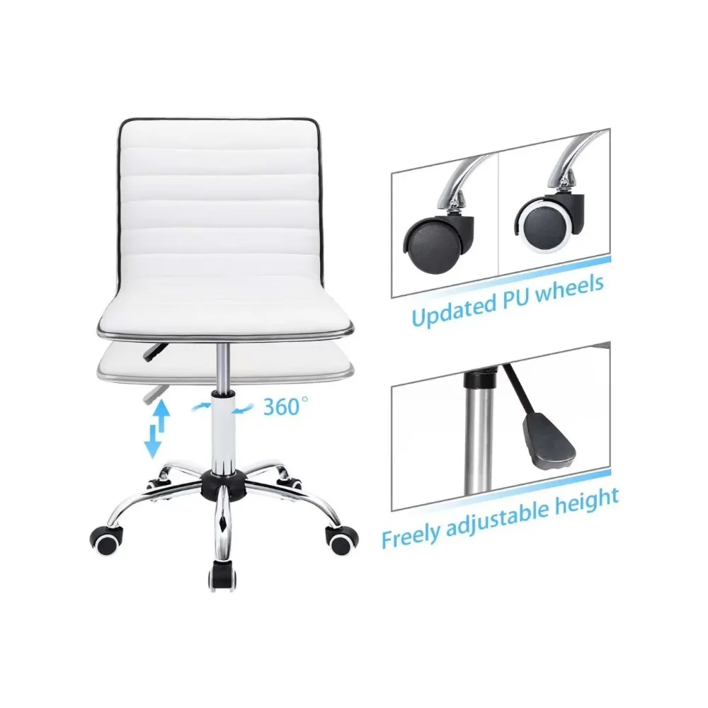 Mid Back Vanity Chair for Makeup Room, Low Back PU Leather Swivel Computer Desk Chair, Task and Office Chair Retro (White)