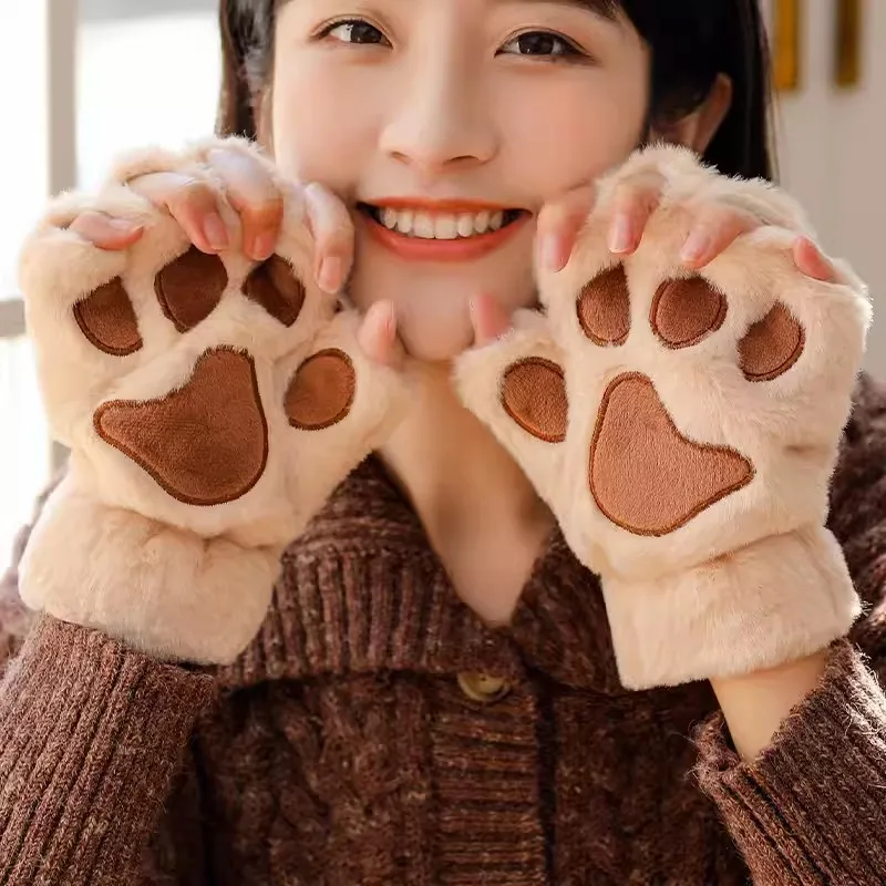 Plush Cat Paw Gloves for Women Girls Cute Soft Velvet Fingerless Bear Gloves Gifts Winter Fluffy Warm Claw Half Fingers Gloves