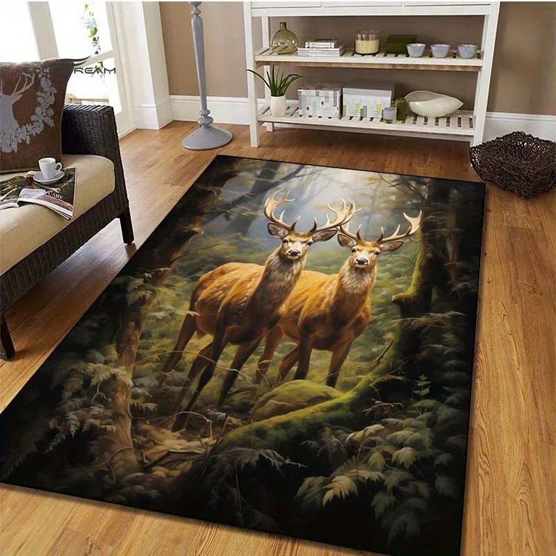 Forest Deer Rug: Rustic WildlifeCarpet forCabin Interiors Nature-Inspired LivingRoomDecor Anti slip carpet can be machine washed