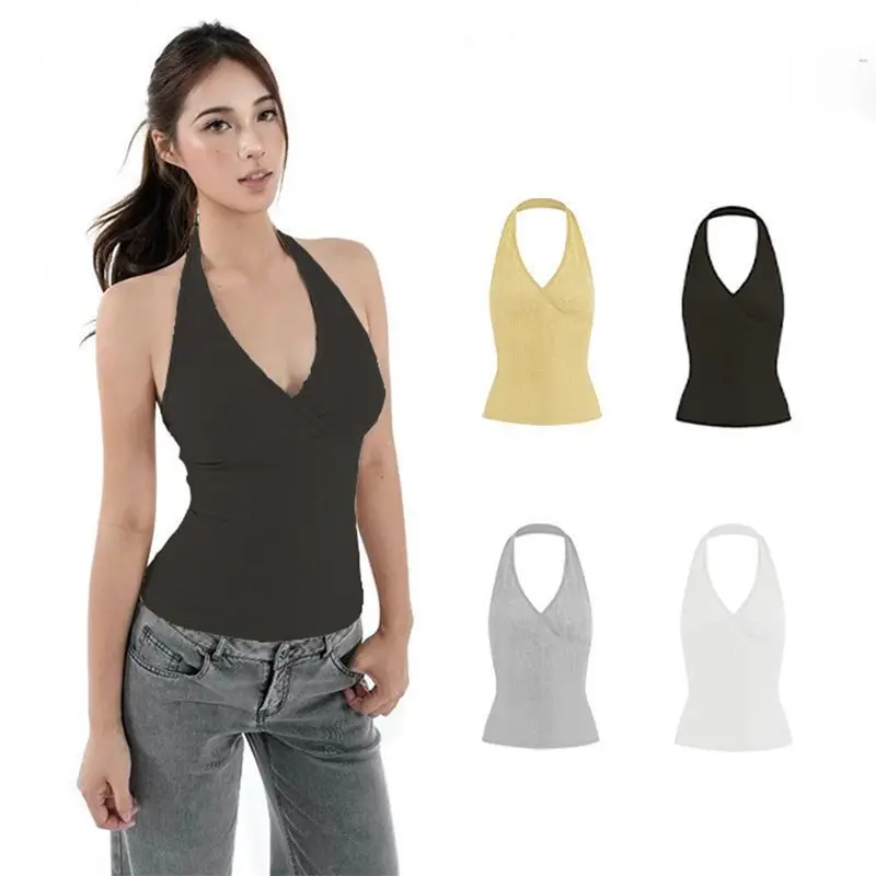 Colete Feminino Curto Estilo Spicy Girl com Decote V e Alça no Pescoço, para Verão, Efeito Emagrecedor, Versátil para Camadas...